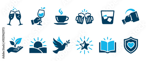 Diverse set of twelve blue icons representing celebration, drinks, peace, growth, knowledge, and protection in a clean, minimalist vector style