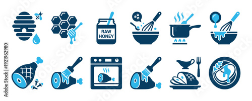 Set of blue cooking instruction icons showing the step-by-step recipe for preparing a honey-glazed ham, from beehive and raw honey to baking, glazing, and serving the meal