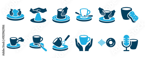 Set of blue two-tone icons showing the process of making pottery and ceramics, including molding clay, using a wheel, and finished mugs, alongside audio and podcast symbols