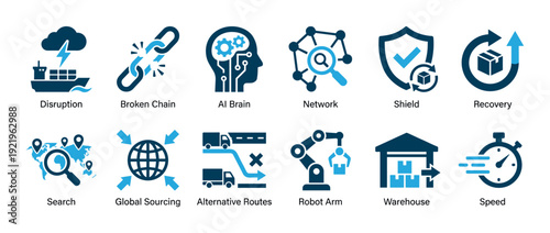 Supply chain management and logistics icon set illustrating disruption, resilience, AI brain, network analysis, and global sourcing in a simple flat vector design for business presentations