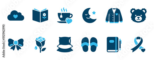 Blue and light blue icon set representing a cozy bedtime routine with symbols for sleep, comfort, and self-care like a pillow, book, hot tea, moon, and teddy bear