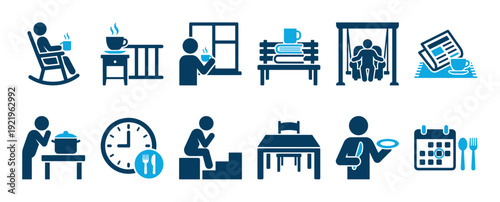 Set of blue daily routine icons representing home life, relaxation, and mealtime activities like cooking, eating, reading, and resting in a minimalist pictogram style