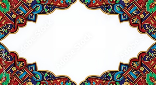 Elegant Islamic style decorative frame with vibrant colorful traditional arabesque patterns and a clean white background perfect for design projects and invitations.