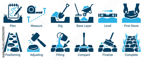 Step-by-step infographic icons showing the process of building a garden stone path from planning and digging to the final completed walkway with tools and materials