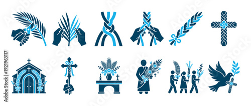 Palm Sunday religious Christian icon collection featuring woven palm fronds, a cross, church, altar, and procession symbols in a two-tone blue silhouette style