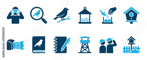Set of blue birdwatching icons showing binoculars, a camera, a bird feeder, a birdhouse, and an observation tower for ornithology hobby and nature exploration concepts
