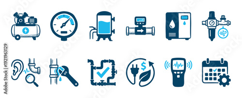Compressed air system and plumbing maintenance icons collection showing a compressor, gauge, leak detection, repair tools, and energy efficiency symbols in a hand-drawn sketch style