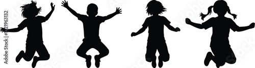 Four black silhouettes of people jumping or dancing on a white background