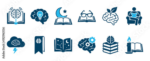 Set of twelve two-color glyph icons for education and intellectual concepts, including reading, brainstorming, wisdom, and study, presented in a clean and modern vector style