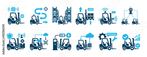Smart forklift and warehouse logistics icon set illustrating automation, AI, IoT, maintenance, and fleet management concepts for modern supply chain operations in a flat vector style