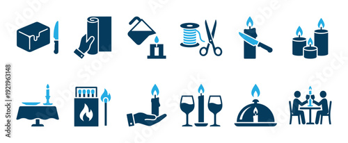 Blue vector icon set illustrating the candle making process and romantic candlelight dinner theme with wax, wicks, matches, wine glasses, and a couple at a table