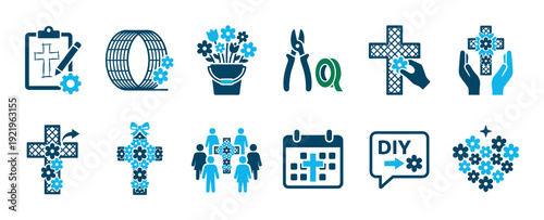 Collection of blue and dark teal vector icons illustrating the process of DIY floral decoration for religious crosses, including tools, planning, and community activities