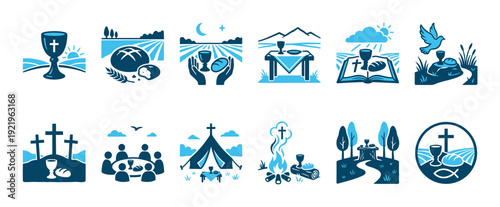 Set of Christian communion icons showing religious symbols like the cross, chalice, bread, and fish in a two-tone blue graphic style illustrating biblical scenes and sacraments