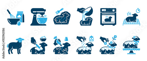 Set of blue two-tone icons showing the step-by-step process of baking and decorating a traditional lamb-shaped cake for a holiday, from mixing ingredients to final presentation