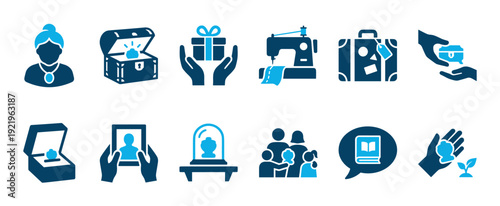 Set of blue two-tone icons representing family heirlooms, legacy, inheritance, tradition, and passing down valuables like jewelry, stories, and keepsakes through generations