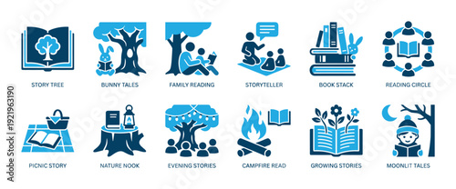 Set of twelve two-tone blue icons illustrating concepts of storytelling and reading, including family time, nature themes, a book stack, a campfire, and a reading circle