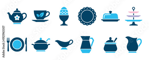 Collection of blue tableware vector icons for dining and tea time, including a teapot, cup, plate, and cutlery, presented in a clean, minimalist flat graphic style