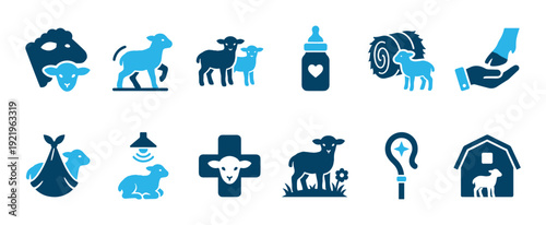 Collection of blue lamb and sheep icons illustrating animal husbandry, farming, and veterinary care in a clean, modern, flat graphic style for agricultural concepts