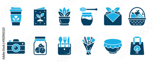 Collection of twelve blue two-tone icons representing gifts, food, and lifestyle objects like coffee, plants, and a camera, all designed in a clean, minimalist graphic style