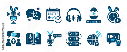 Collection of blue and black Easter podcasting icons for religious broadcasting and holiday audio content, featuring microphones, eggs, bunny ears, and Christian symbols in a clean vector style