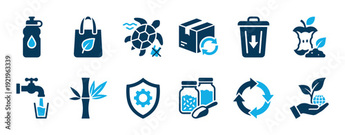 Set of blue ecology icons representing sustainability, recycling, zero waste, and environmental protection concepts like reusable items, composting, and conscious consumption
