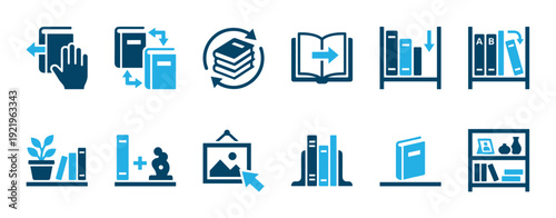 Collection of blue library and book icons for education, showing bookshelves, reading, and knowledge symbols in a minimalist flat vector style for web or app interface design