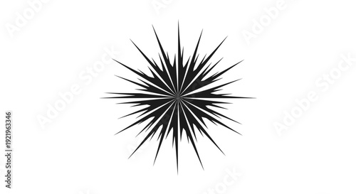 Dynamic black exploding star icon, radial burst shape on isolated white background, representing impact and energy.