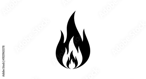 Abstract black flame icon, minimalist fire symbol on isolated white background, representing heat and energy.