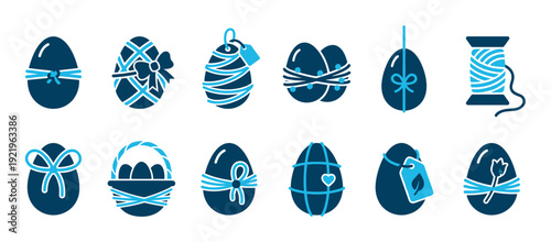 Collection of blue Easter egg icons decorated with ribbons, bows, and tags, including a basket and thread spool, in a flat graphic style for holiday celebration