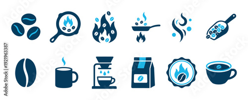 Collection of blue coffee related icons showing the process from bean to cup, including roasting, brewing, and serving in a minimalist flat vector graphic style for design elements