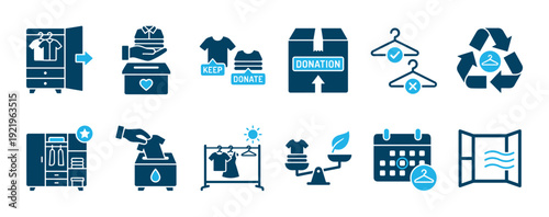 Blue clothing donation and decluttering icon set showing charity, recycling, and sustainable fashion concepts with glyph symbols for wardrobe organization and sorting apparel for giving away