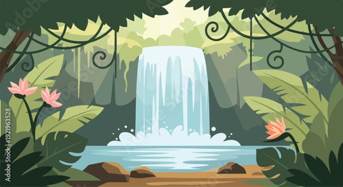 Lush jungle landscape with a beautiful waterfall cascading into a serene pool, surrounded by vibrant green foliage and tropical flowers.