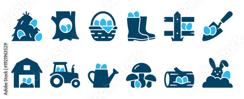 Collection of twelve blue Easter icons featuring a bunny, basket, tractor, barn, and eggs hidden in nature, representing a spring holiday egg hunt and farm life concept