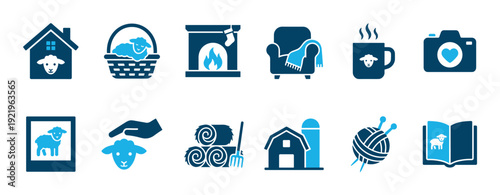 Collection of twelve blue icons with a sheep theme depicting cozy home comfort, farm life, and wool-related hobbies like knitting, reading, and photography
