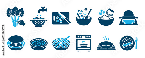 Set of blue pie baking icons showing the recipe process from preparing rhubarb and dough to baking and serving the final homemade dessert in a flat graphic style