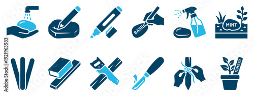Set of twelve blue two-tone icons for gardening, DIY, and crafting activities like planting, sawing, and labeling, presented as a simple graphic collection for various concepts