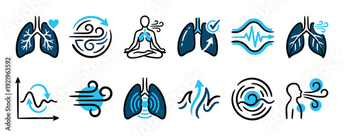 Breathing and respiratory system icon set collection in a minimalist doodle style, illustrating concepts of lung health, air quality, breathwork, and meditation with blue accents