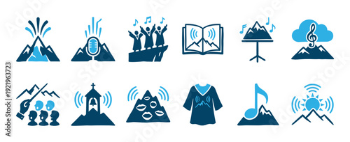 Set of twelve blue two-tone icons representing a mountain choir, gospel music, and spiritual singing with minimalist vector symbols of a church, microphone, and musical notes