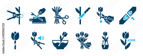 Set of blue vector icons illustrating the steps for flower care and arrangement, including cutting stems, arranging tulips in a vase, and ASMR concepts for tutorials