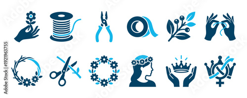 Collection of blue two-tone icons representing floristry and wreath making with symbols for crafting, including a flower crown, scissors, wire, tape, and hands creating a chaplet