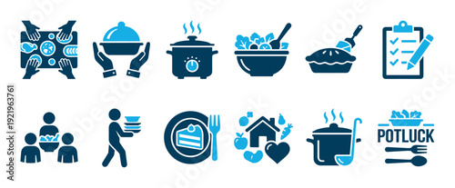 Collection of blue potluck dinner icons showing shared meals, cooking pots, salad, pie, and community gathering symbols in a clean, flat vector illustration style