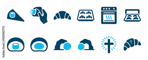 Blue two-color icon set showing baking process with croissants and oven alongside Christian Easter symbols like the empty tomb and glowing cross