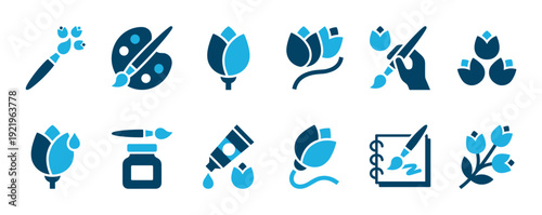 Collection of blue art and floral icons showing paintbrushes, palettes, tulips, and sketchbooks in a minimalist flat graphic style for creative or hobby concepts