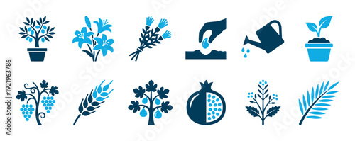 Collection of blue two-tone agriculture and gardening icons featuring a potted tree, flowers, watering can, sowing seed, grapes, wheat, and pomegranate in a flat graphic style