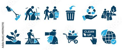 Collection of blue environmental cleanup icons showing recycling, volunteering, planting trees, and waste management symbols for ecological awareness and community action