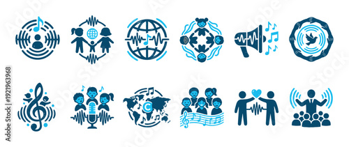 Collection of blue vector icons representing music, global unity, community, and communication with symbols like a globe, choir, microphone, and sound waves