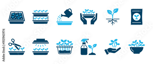 Set of blue two-tone icons representing the process of growing microgreens and seedlings, including symbols for seeds, trays, watering, grow lights, harvesting, and care