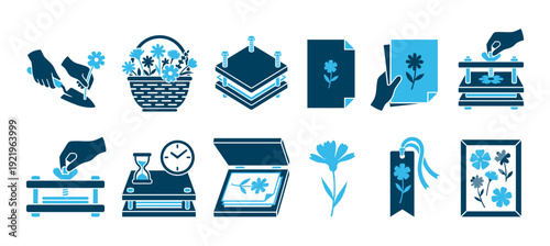 Set of blue icons illustrating the flower pressing process, including a press, basket, and framed herbarium art for a DIY hobby or botanical craft project