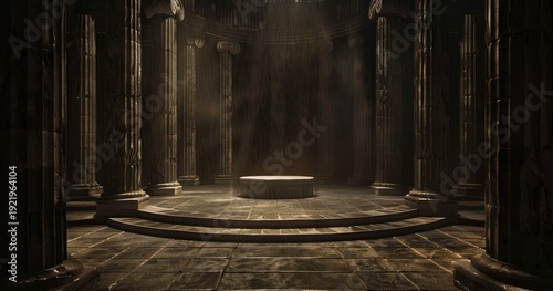 A dimly lit ancient temple with towering columns and a central platform.