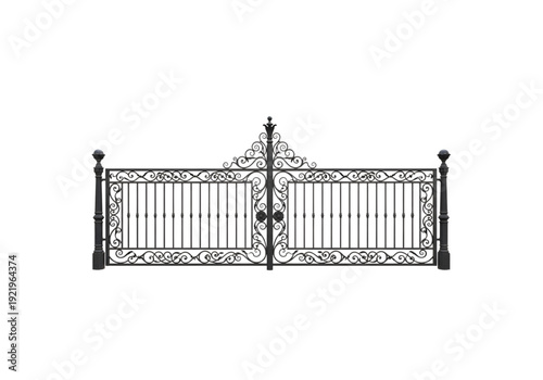Black ornate wrought iron gate png on transparent background